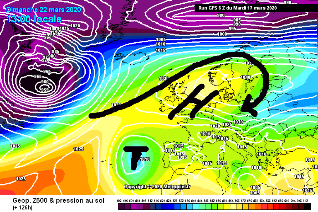 500hPa geopotential and surface pressure for Sunday, March 22 Slight easterly flow will ensure cooler temperatures.