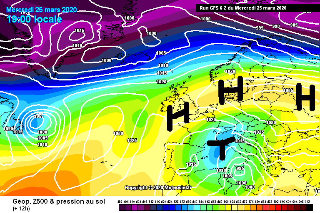 500hPa geopotential and ground pressure, Wednesday 25.3.: Italian low and high pressure bridge in the north.