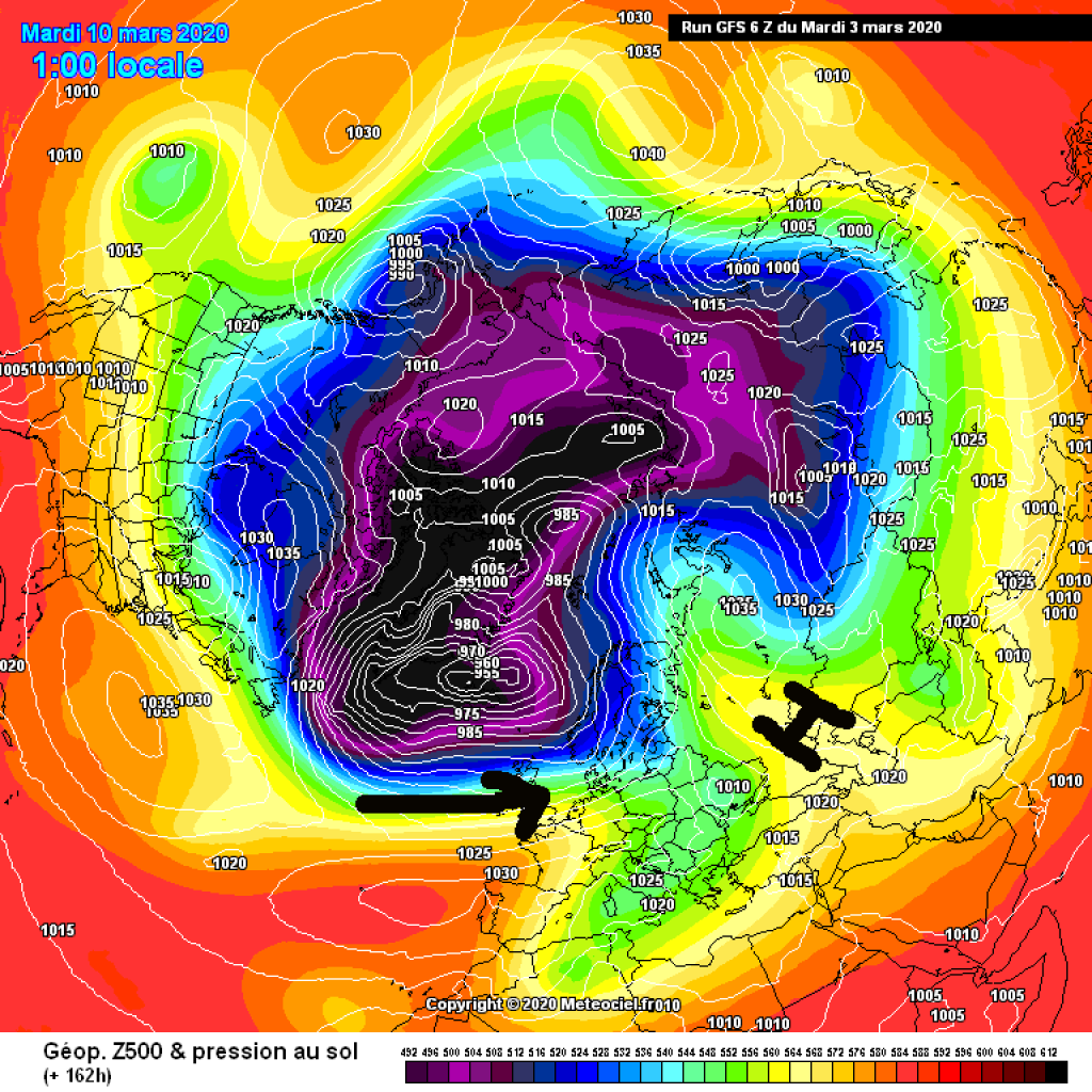 500hPa geopotential and ground pressure, exemplary map for Tuesday next week (10.3.20): Return of the westerly weather?
