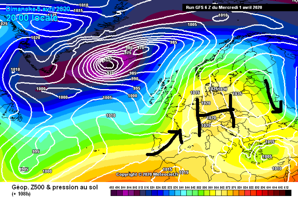 500hPa geopotential and surface pressure for Sunday, May 4 Thick high pressure over Central Europe will continue to provide plenty of sunshine and milder temperatures again.
