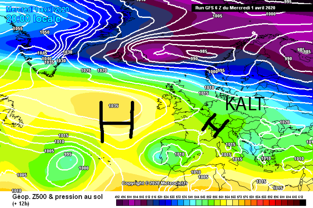500hPa geopotential and ground pressure, today Wednesday (1.4.2020). Alps lie in a cold air mass with a low-gradient high pressure situation