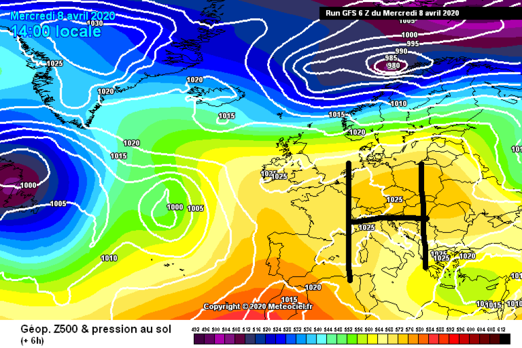 500hPa geopotential and ground pressure, today, Wednesday. Wide area of high pressure over Europe.