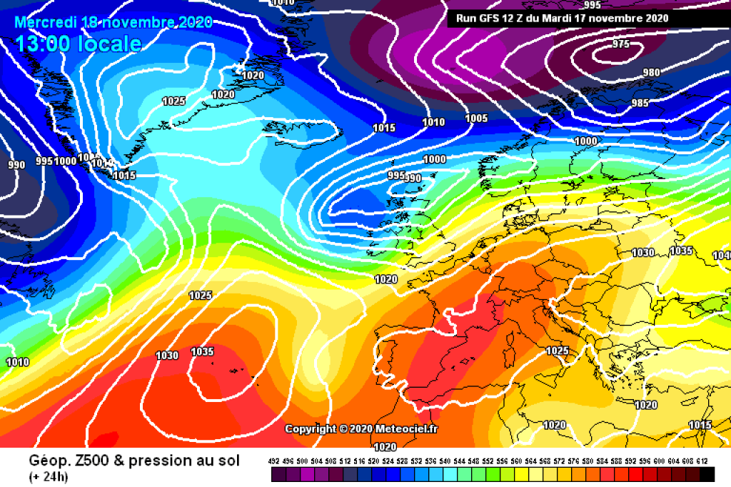 500hPa geopotential and ground pressure, GFS forecast Wednesday, Nov. 18. Large high over Europe.