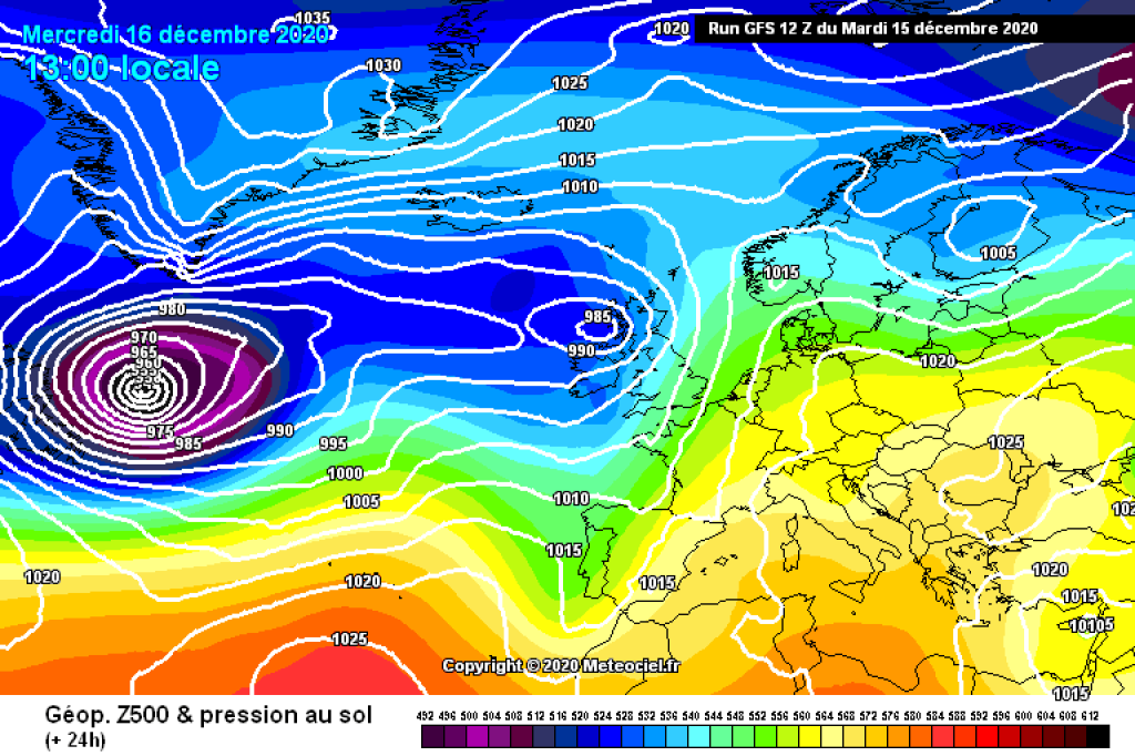 500hPa geopotential and surface pressure, Wednesday 12/16, GFS. Weak SW flow in the Alpine region, high pressure.