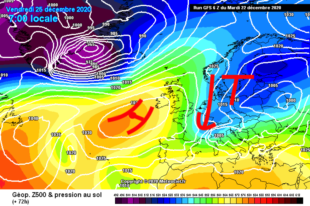 500hPa geopotential and ground pressure, 25.12. Cold air from the north flows in and brings precipitation.