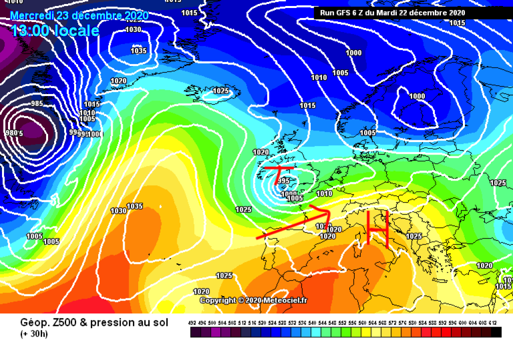 500hPa geopotential and ground pressure, 23.12. It is still very mild with a SW current.