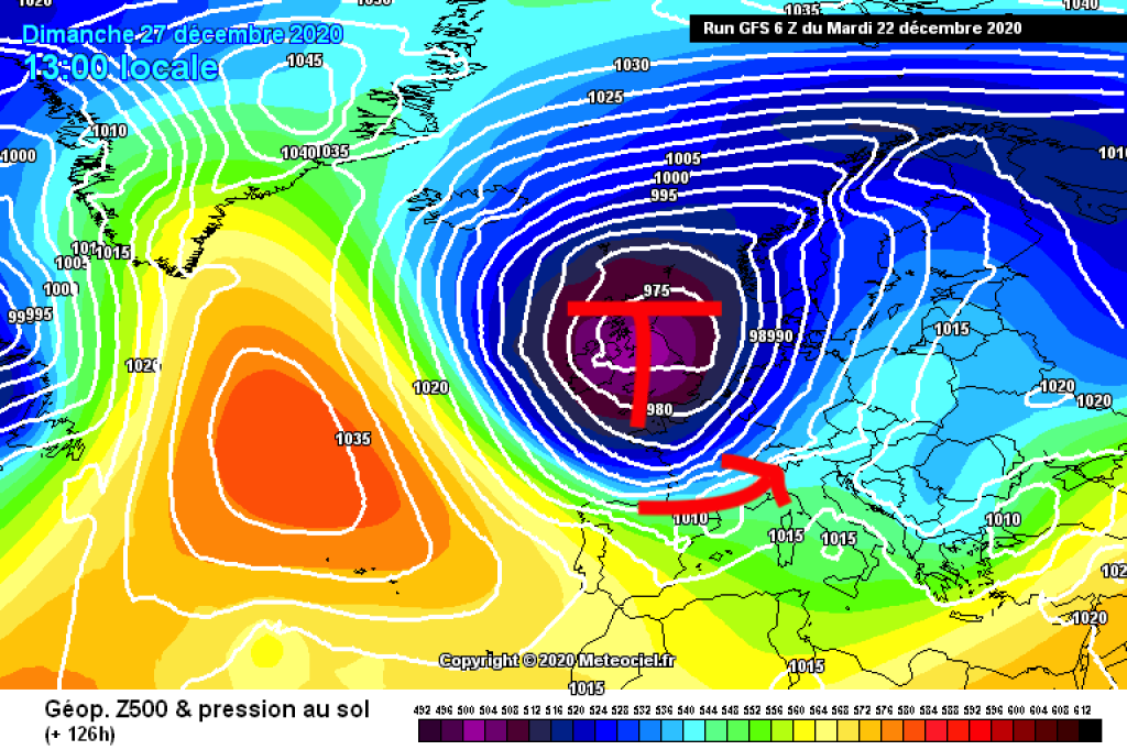 500hPa geopotential and ground pressure, 27.12. Südstau!