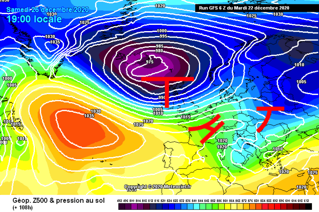 500hPa geopotential and ground pressure, 26.12. Intermediate high pressure influence on the second Christmas holiday.