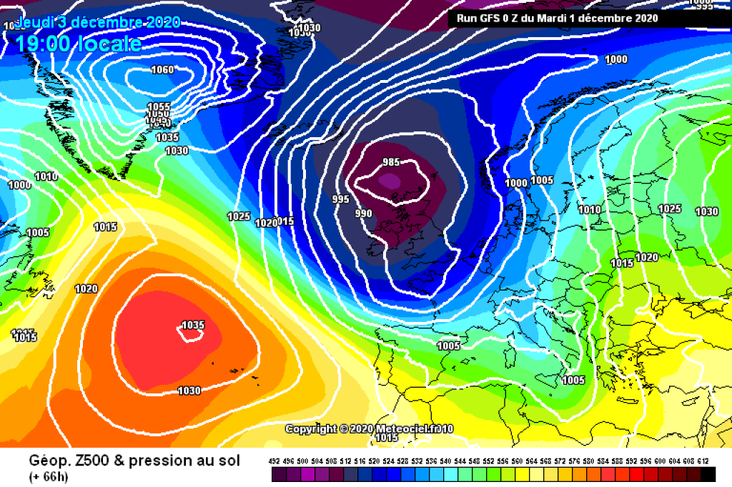 500hPa geopotential and ground pressure, Thursday 3.12. The large low pressure system grabs the cold air drop again. Southern dust is approaching.