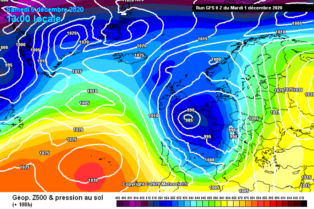 500hPa geopotential and ground pressure, Saturday 5.12. It will be exciting in the south!