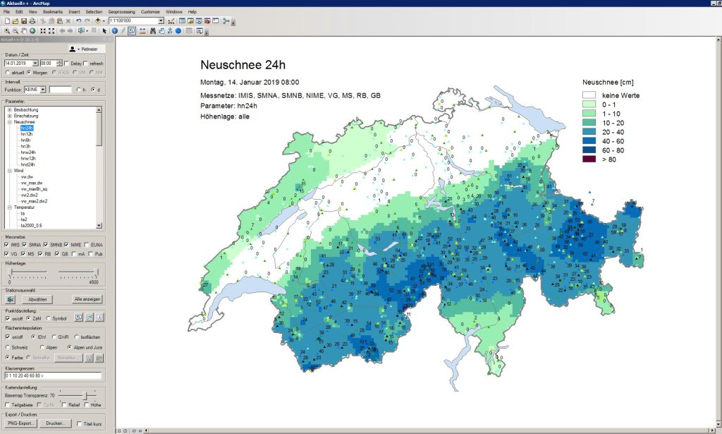 Screenshot Display of the amount of fresh snow in a special tool that is available internally to the avalanche warning officers for creating the bulletin. Quantitative data can also be spatially interpolated.