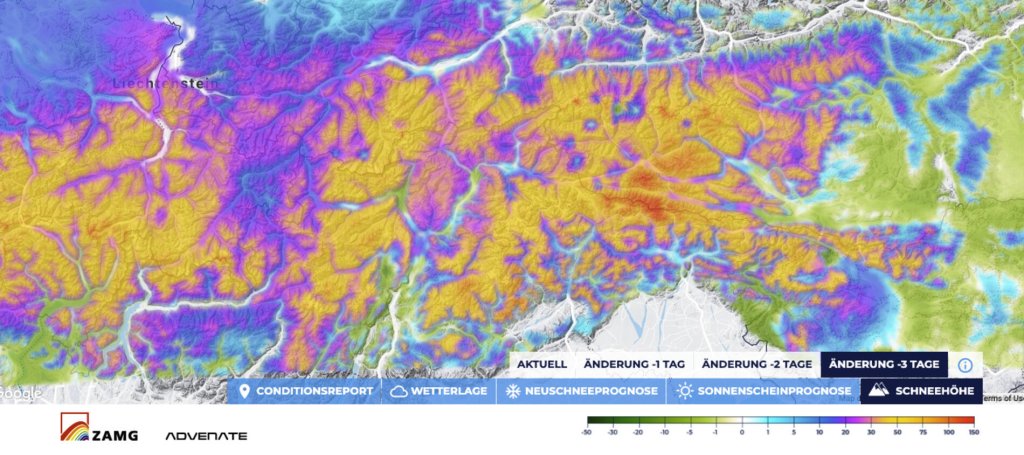 Snow depth change of the last 3 days in the PowderGuide SNOWGRID map. Rarely seen so colorful!