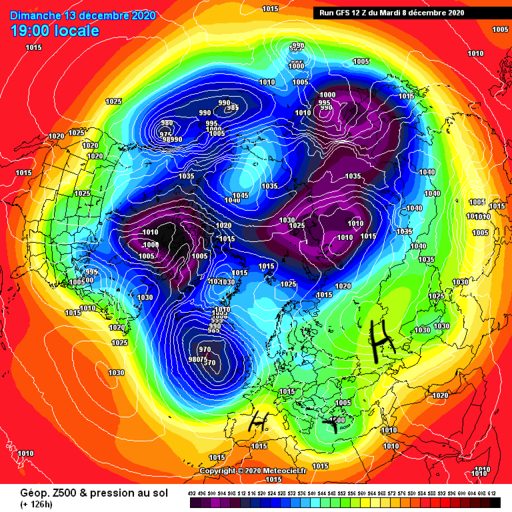 500hPa geopotential and ground pressure, Sunday 13.12. The high in the east weakens, the blockade disappears, it becomes sunnier in the Alpine region.