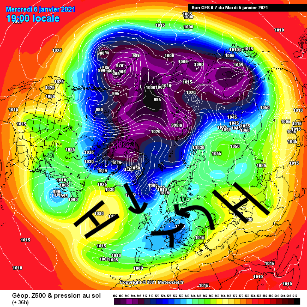 500hPa geopotential and ground pressure, Wednesday 6.1.21. Low pressure complex flanked by high pressure.