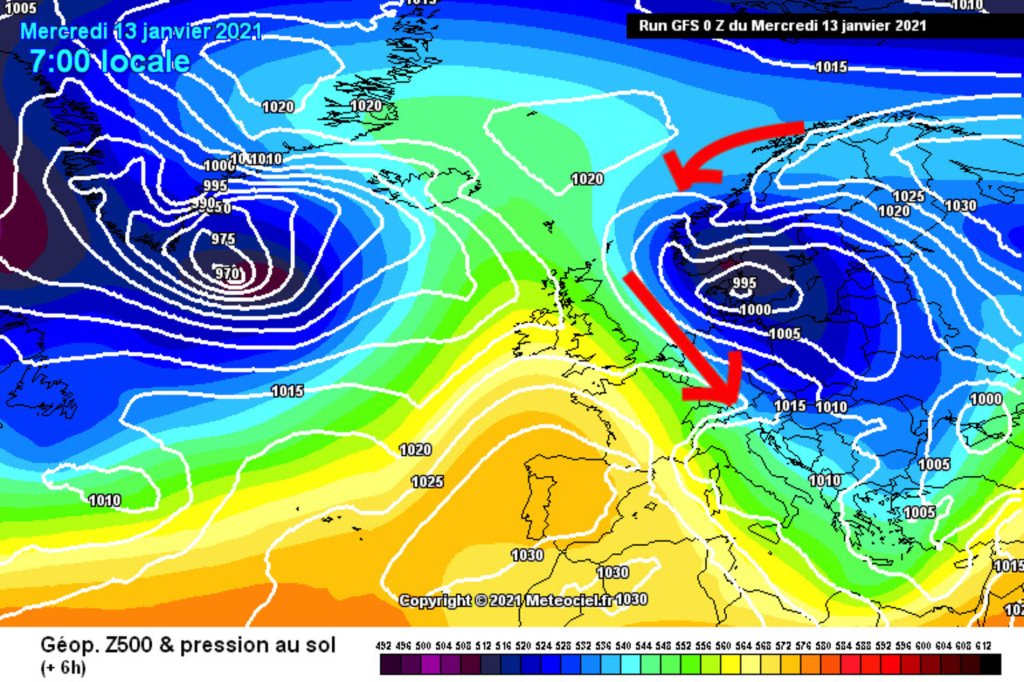 500hPa geopotential and ground pressure, 13.1.21. Northern congestion in the Alps with relatively cold air from the northeast.