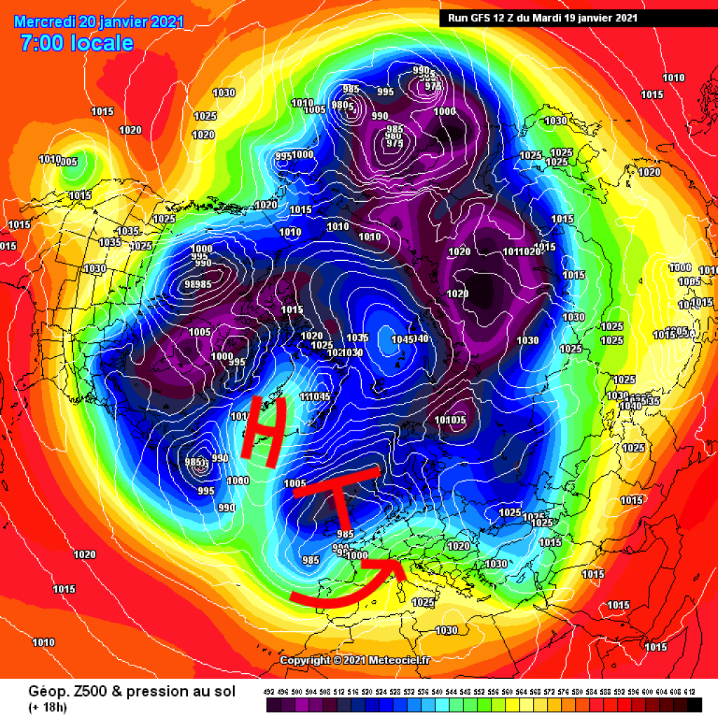 500hPa geopotential and ground pressure, northern hemisphere view, Wednesday, 20.1. SW flow in the Alpine region, prominent Greenland blocking.
