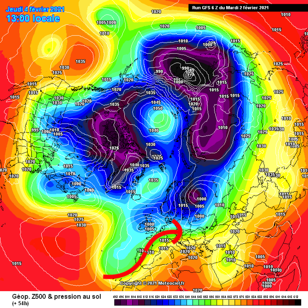 500hPa geopotential and ground pressure, northern hemisphere, for Thursday 4.2.21: Very warm westerly or SW flow.