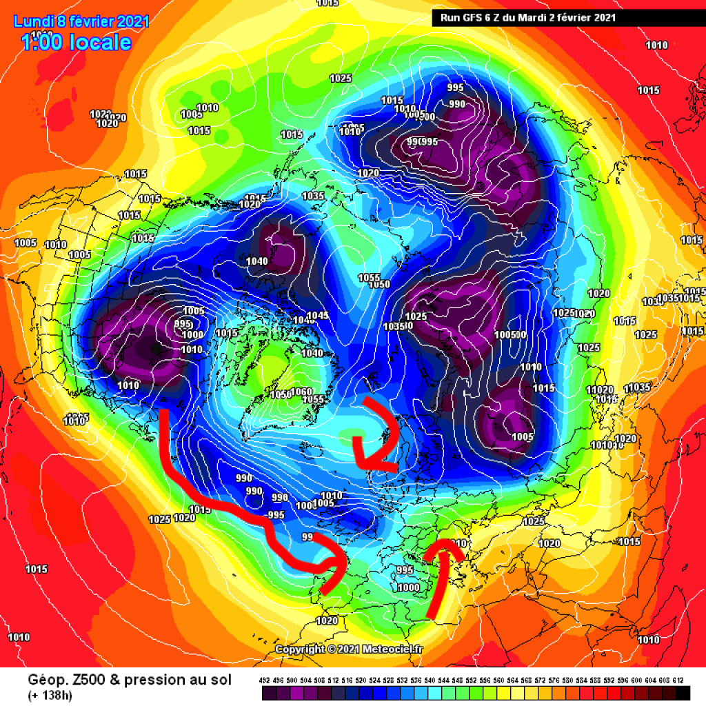 500hPa geopotential and ground pressure, northern hemisphere, for Monday 8.2.21: The westerly drift picks up speed again and brings precipitation and cooling.