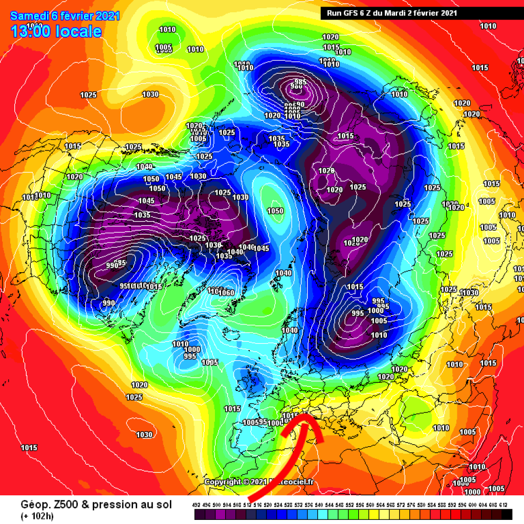 500hPa geopotential and ground pressure, northern hemisphere, for Saturday 6.2.21: The air flowing towards the Alps is now coming almost directly from the south. Foehn conditions in the north, very warm. Possibly light accumulation precipitation in the south.