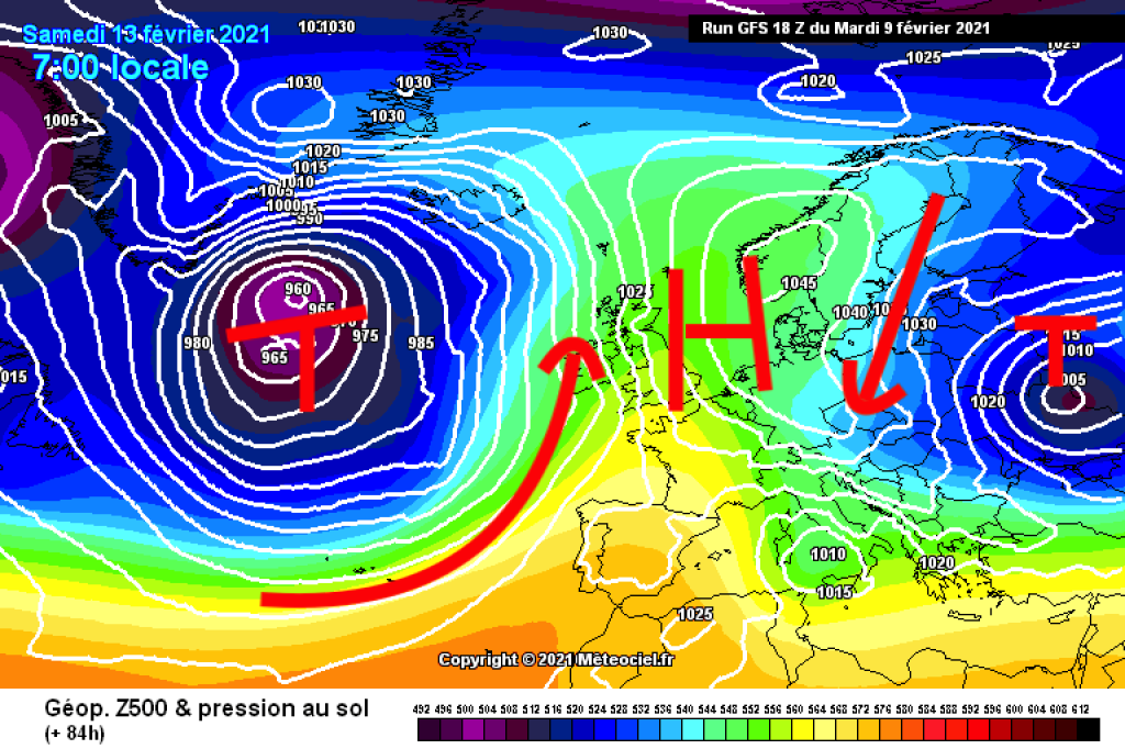 500hPa geopotential and ground pressure, Saturday, 13.2.2021. High pressure over Scandinavia, NE flow brings cold air.