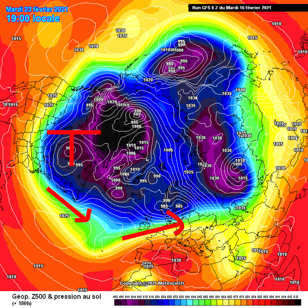 500hPa geopotential and ground pressure, northern hemisphere view, Thursday, Jan. 23 Less cold input to the NW Atlantic, more zonal flow.