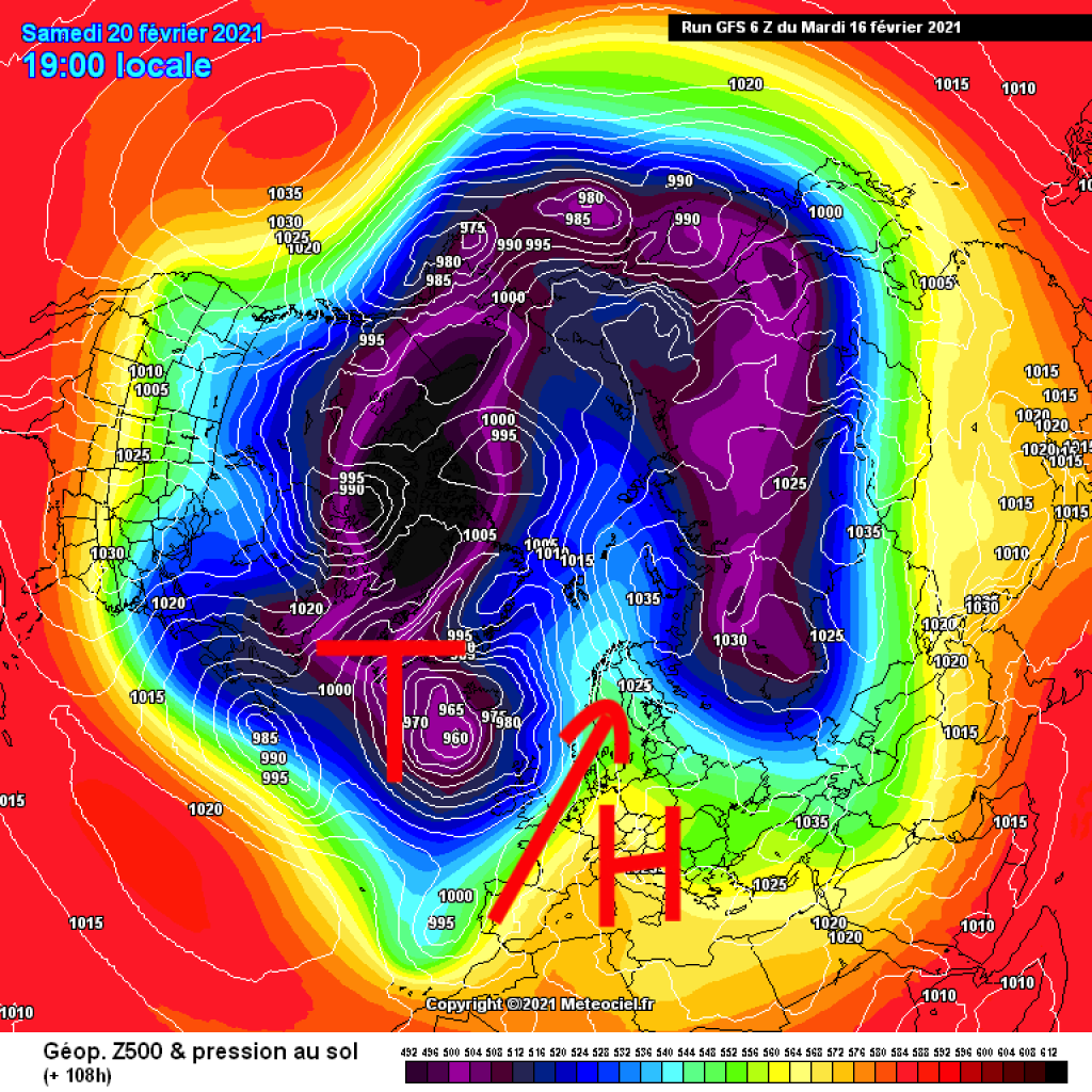 500hPa geopotential and ground pressure, northern hemisphere view, Saturday 21.1. Blocking high over ME, very warm, sunny WE in the Alpine region.