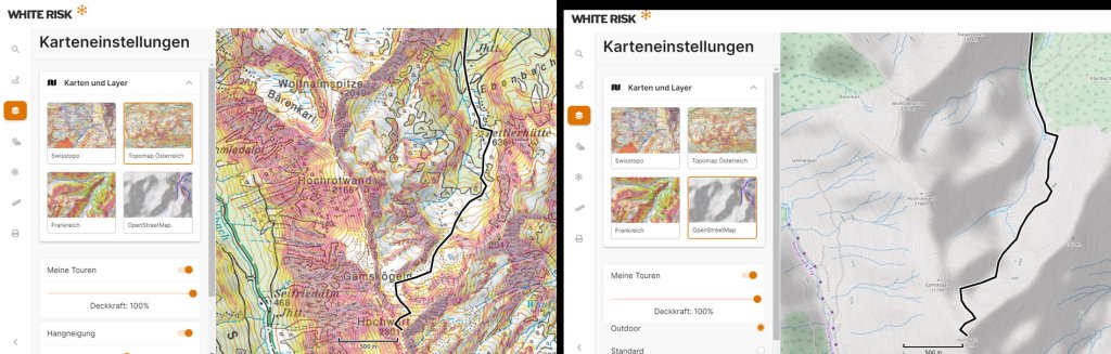 Tour Hochwart, 2301m near Donnersbachwald in Styria, on the left based on the Austrian topographic map with the slope layer switched on, on the right based on the OSM.
