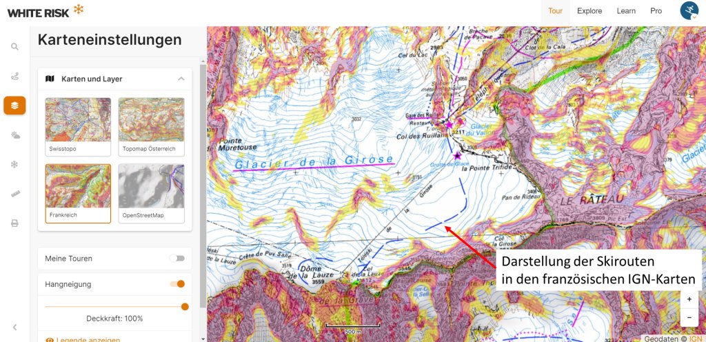Example from France based on the IGN maps with the marked ski routes and the activated slope inclination layer,