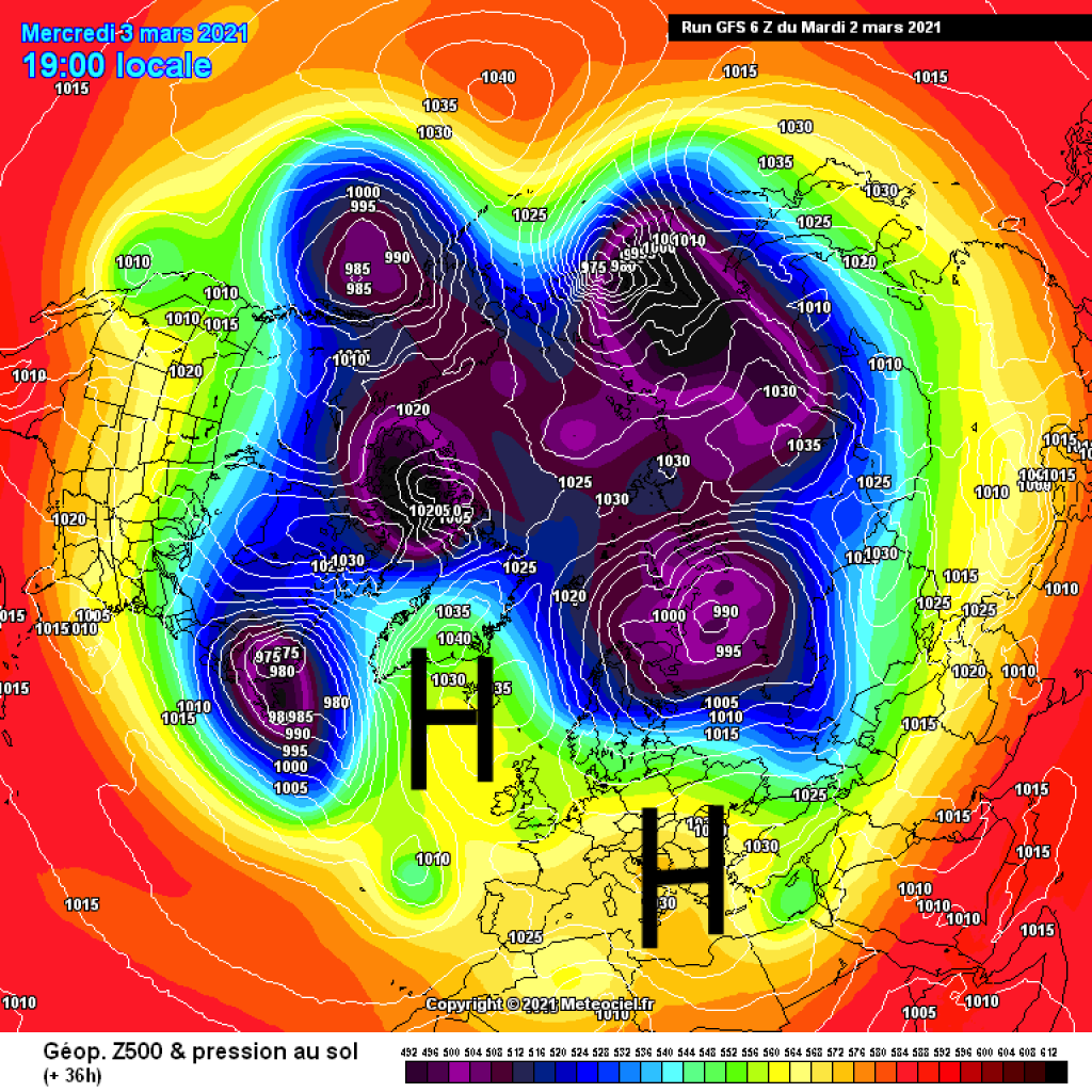 500hPa geopotential and ground pressure, Wednesday, 3.3.2021. High pressure in the Alpine region. Prominent high wedge over Greenland blocking the westerly drift over the Atlantic.