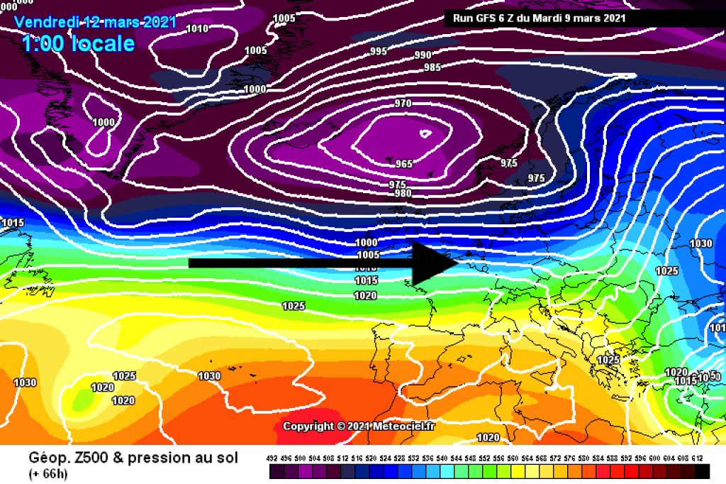 500hPa geopotential and ground pressure, Friday, March 12 Strong westerly flow with embedded disturbances and repeated sunny spells.