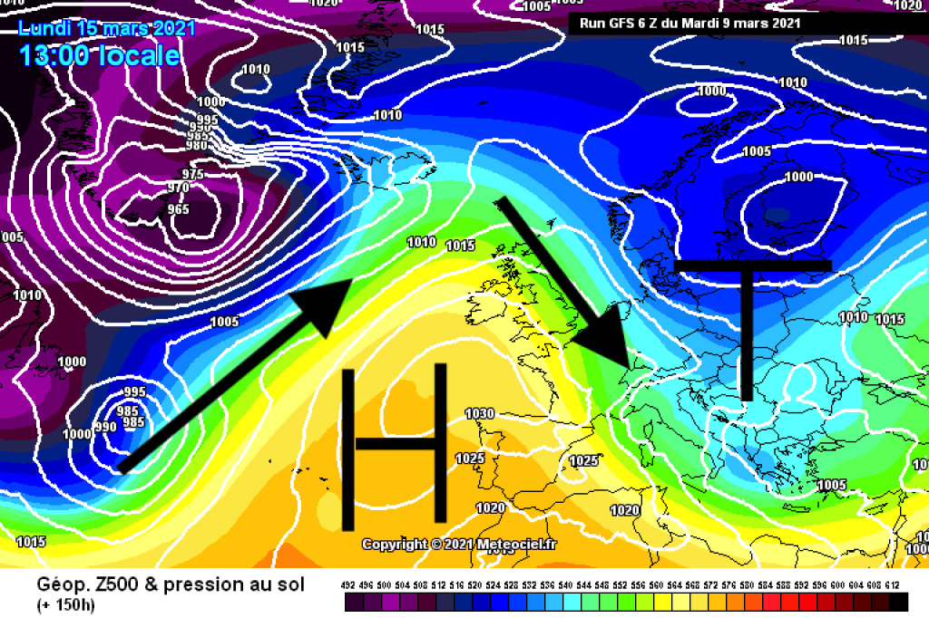 500hPa geopotential and ground pressure, Monday, 15.3.: The Azores High will produce a northerly flow and a winter option!