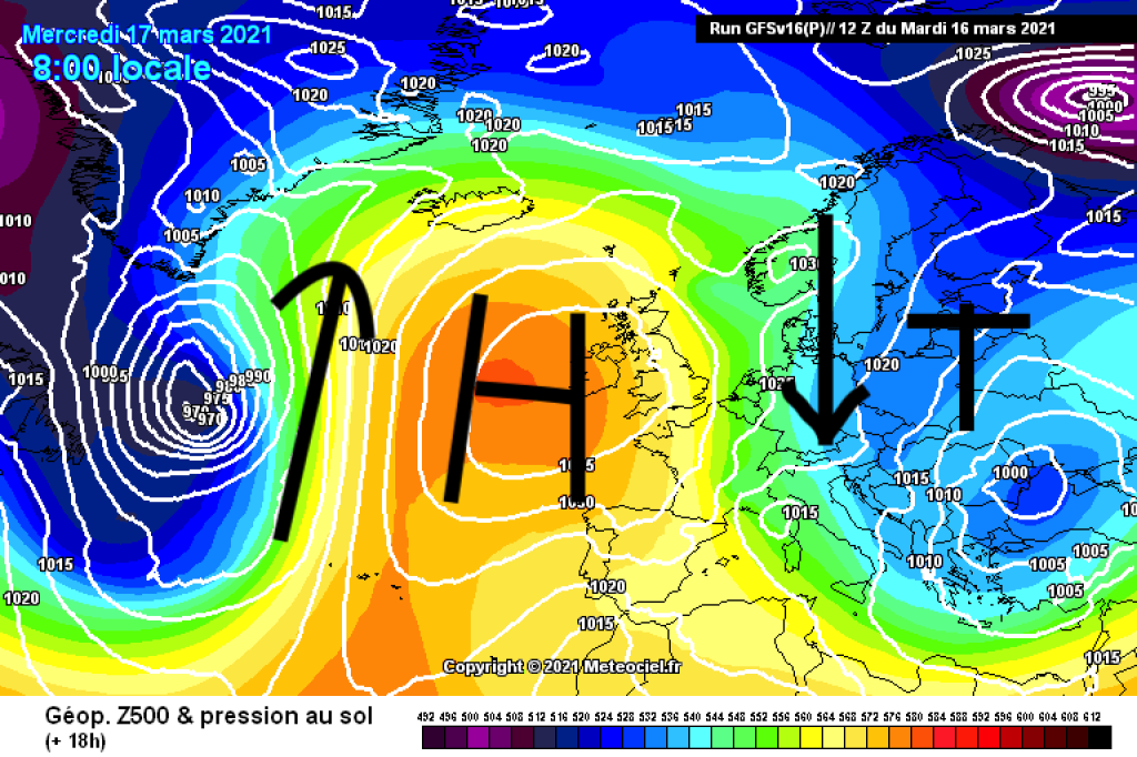 500hPa geopotential and ground pressure, 17.3.21: Northerly flow and low pressure in the Alpine region. Blocking high in the west.