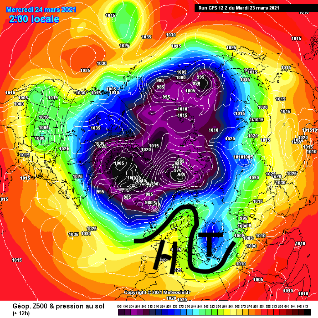 500hPa geopotential and surface pressure, Wednesday, 24.3. northern hemisphere view. Blocking high and low to the east form a large atmospheric wave in an otherwise quite round polar vortex.