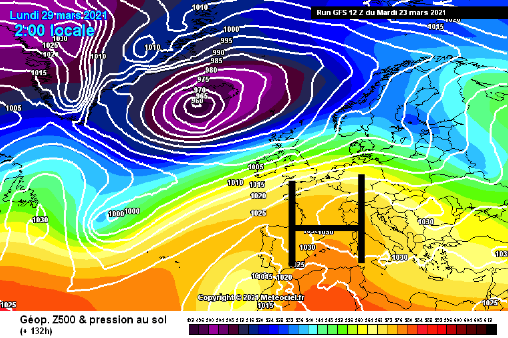 500hPa geopotential and ground pressure, Monday, 29.3. high pressure and significantly warmer air masses.