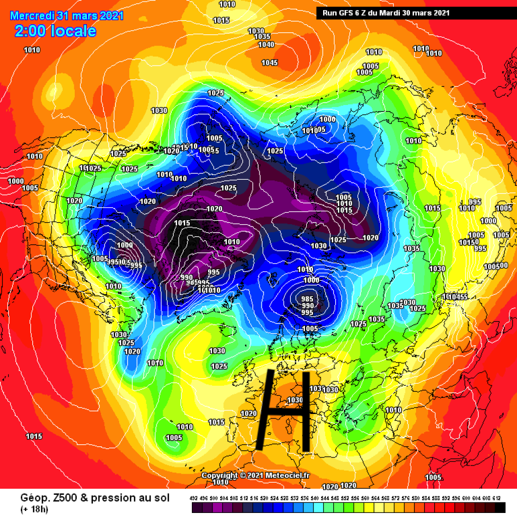 500hPa geopotential and ground pressure, Wednesday 31.3. Subtropical air masses provide very warm temperatures in ME.