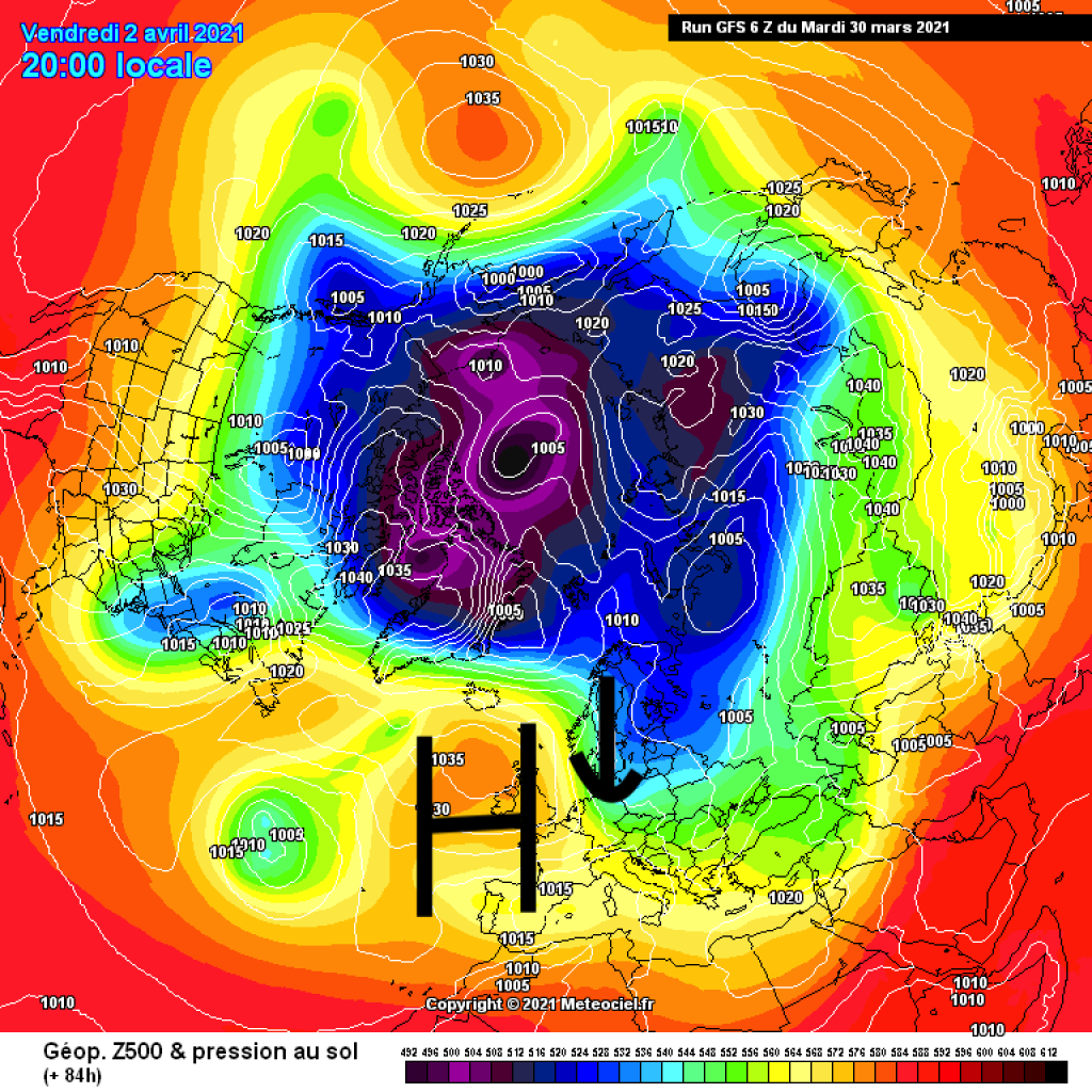 500hPa geopotential and ground pressure, Friday 2.4. High pressure center now somewhat further west, colder air from northern directions may flow in.