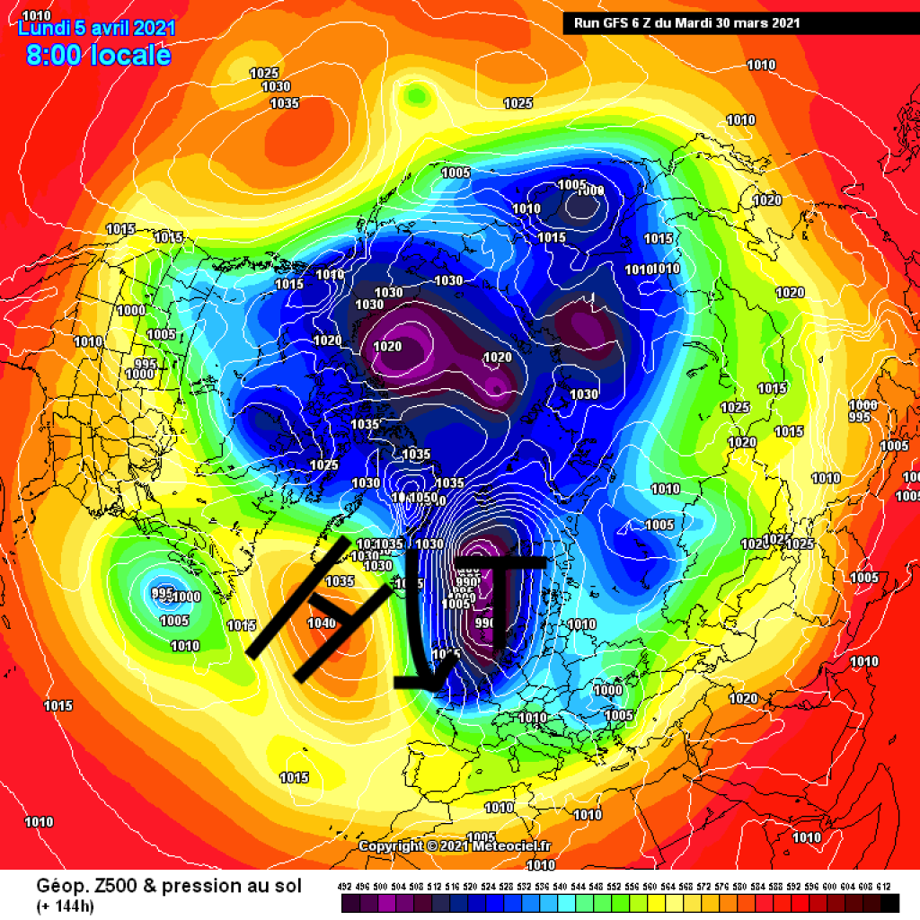 500hPa geopotential and ground pressure, Monday 5.4. Exemplary map of the possible development next week. Interesting chance of an April winter!