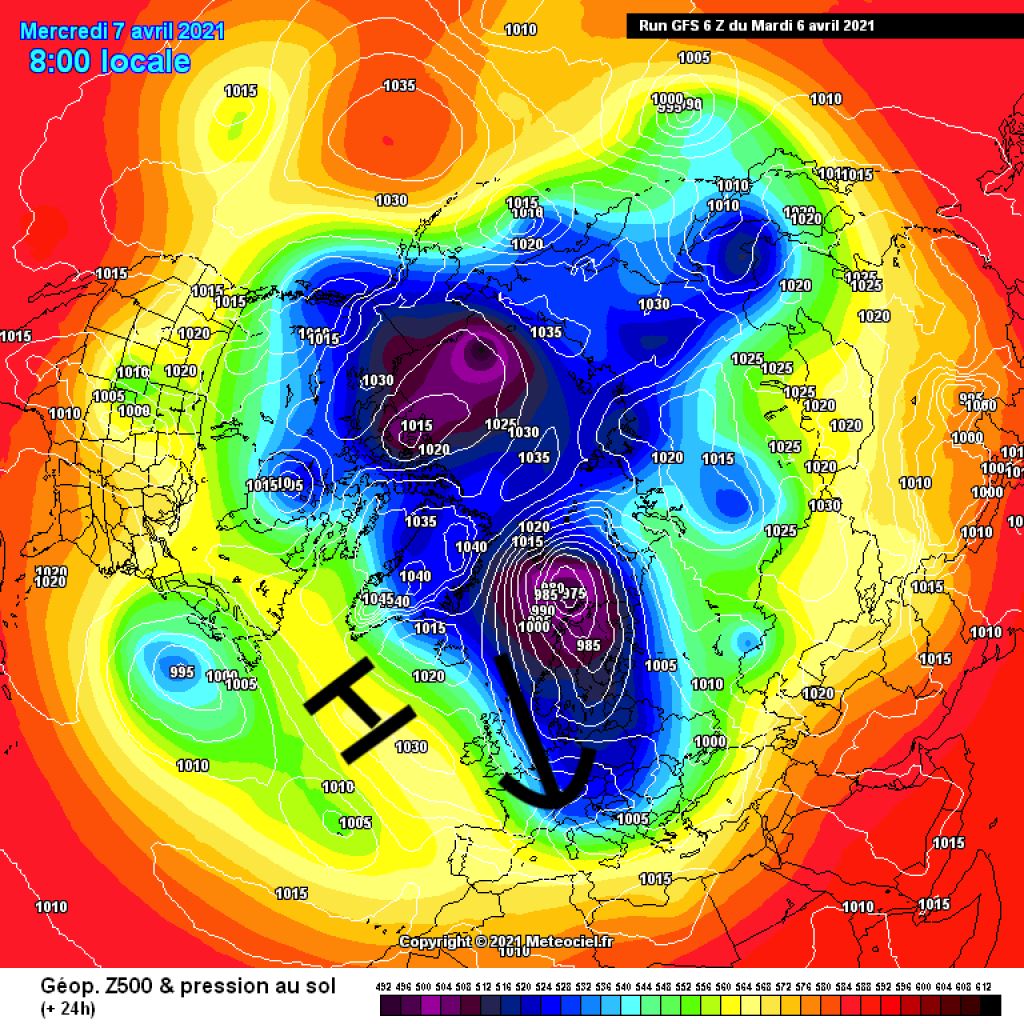 500hPa geopotential and ground pressure, Wednesday, 7.4.21. Cold air outbreak over ME with cold temperatures and snow showers down to the lowlands.