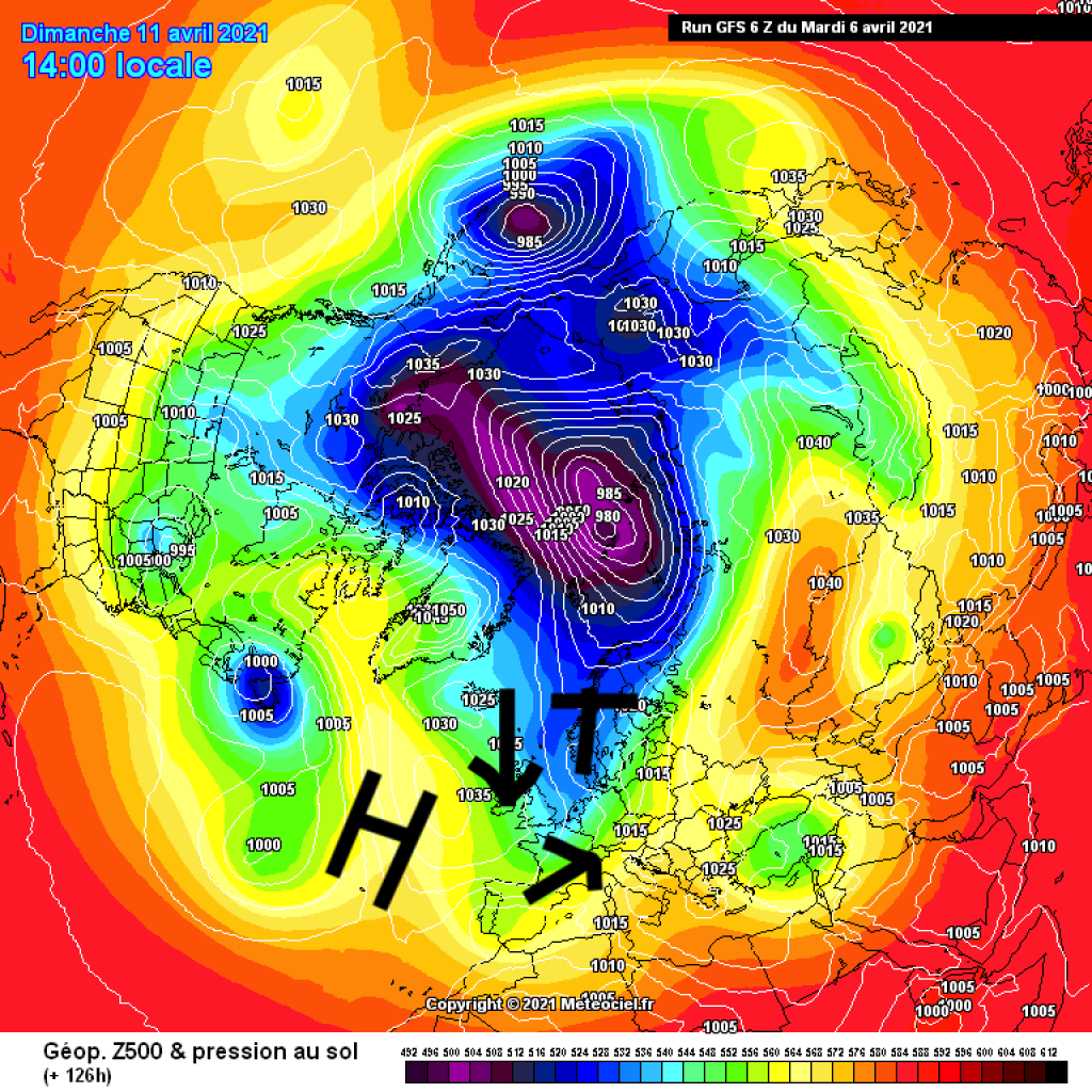 500hPa geopotential and ground pressure, Sunday 11.4.21. The cold air extends less far to the south and the core of the low pressure lies somewhat further west. SW flow in the Alpine region.
