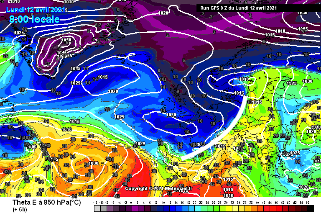 ThetaE at 850hPa, last Monday: The prominent cold front is clearly visible.