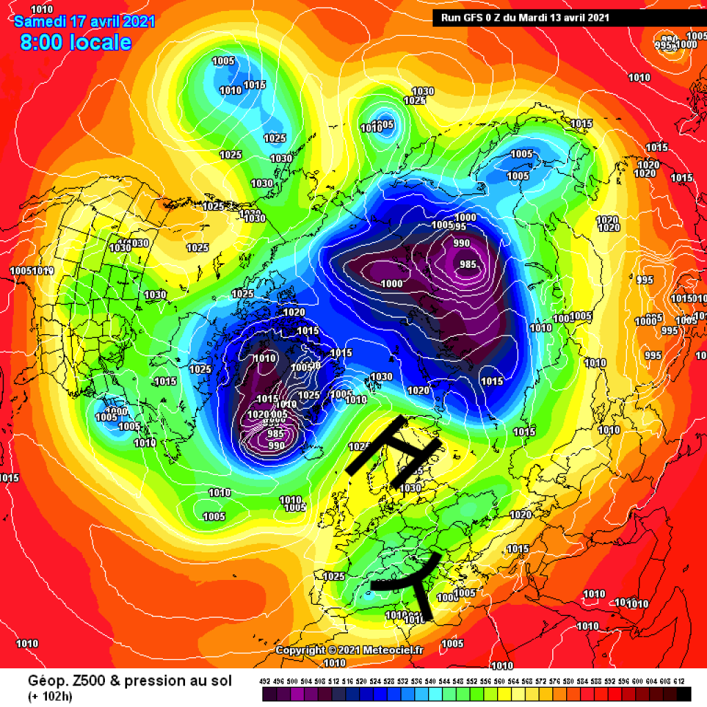 500hPa and geopotential, forecast for Saturday, April 17, northern hemisphere view. The Greenland block has mutated into a Greenland low and to the east of it an oblique Azores high is arching far to the north. Relatively cool air will remain in the Alpine region for the time being.