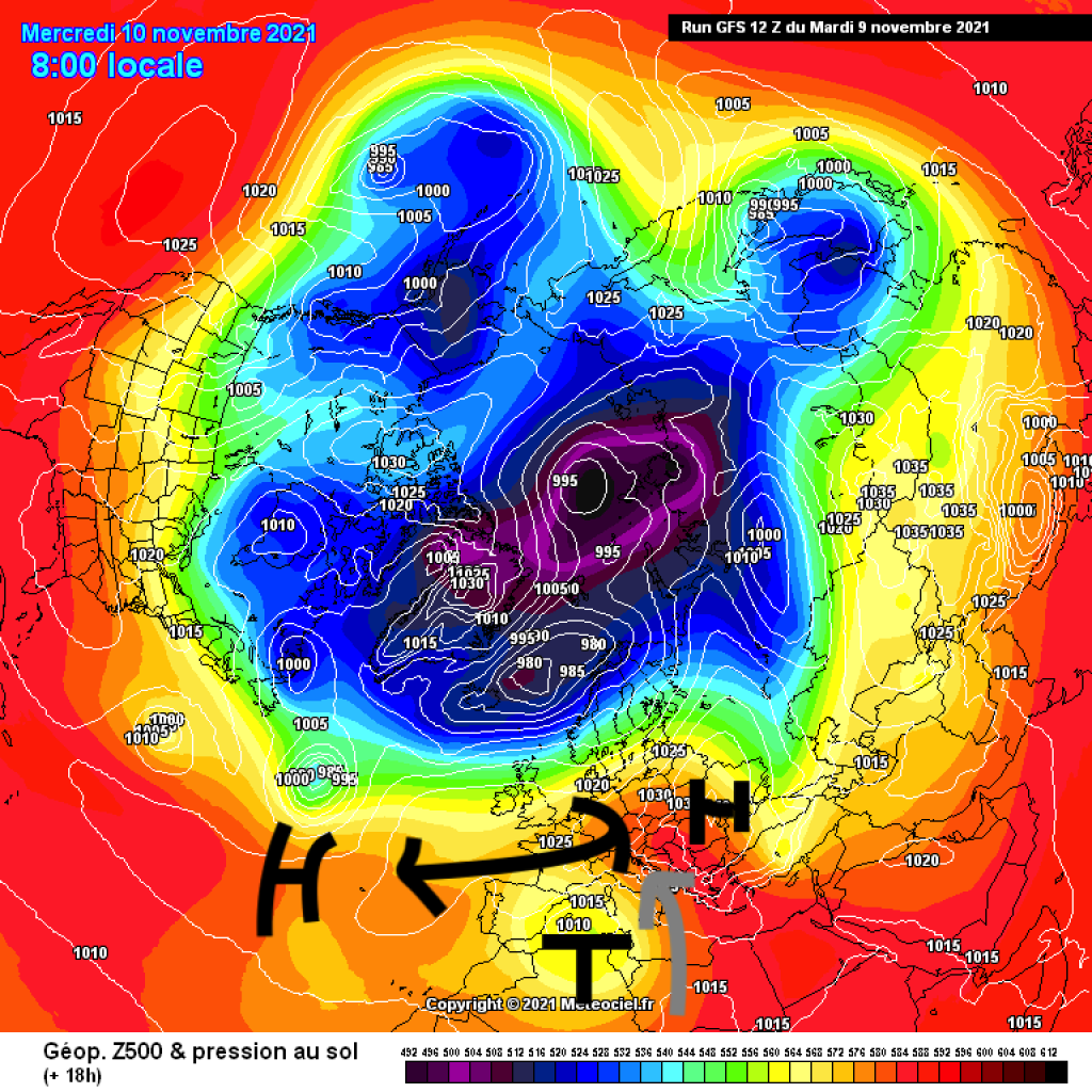 500hPa geopotential and ground pressure, GFS, Wednesday 10.11.: High pressure bridge over ME. Low pressure in the south directs warm air into the Alps. South föhn, possibly Sahara dust.