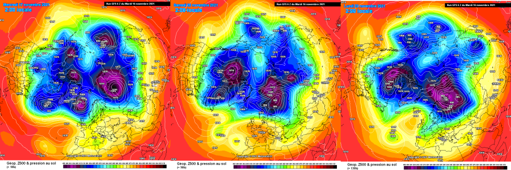 GFS, 500hPa geopotential and ground pressure, northern hemisphere. 17, 20, 22.11. High pressure, then colder air from Monday.