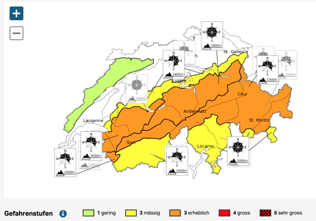 Danger level map for today, 1.12.21. Considerable avalanche danger in large parts of Switzerland.