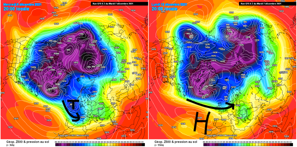 500hPa geopotential and ground pressure, GFS, for today, Wednesday, and Monday, 13.12.