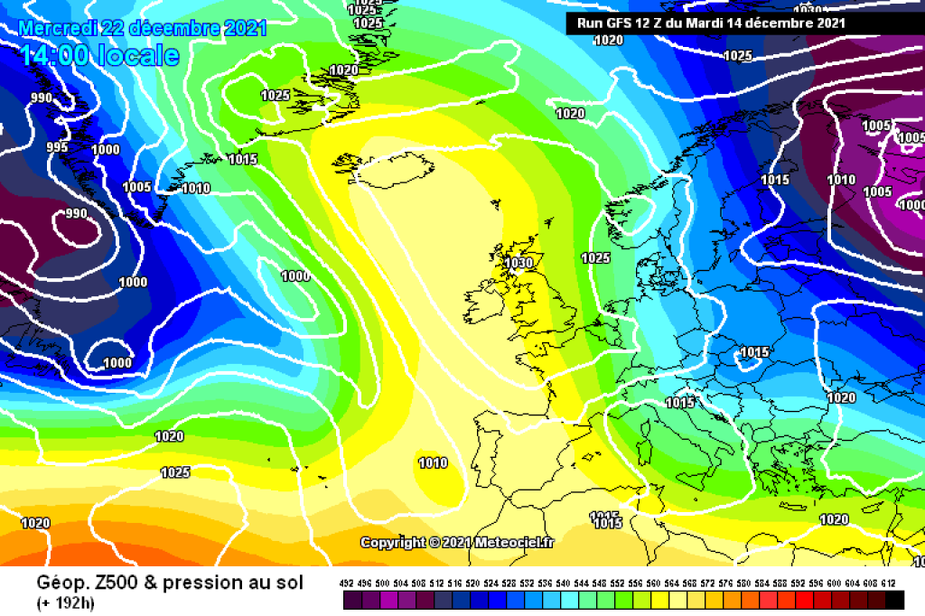 500hPa geopotential and ground pressure, GFS, exemplary map for Wednesday, 22.12. Omega block still there, shifted slightly to the W. Cold air may advance towards the Alps.