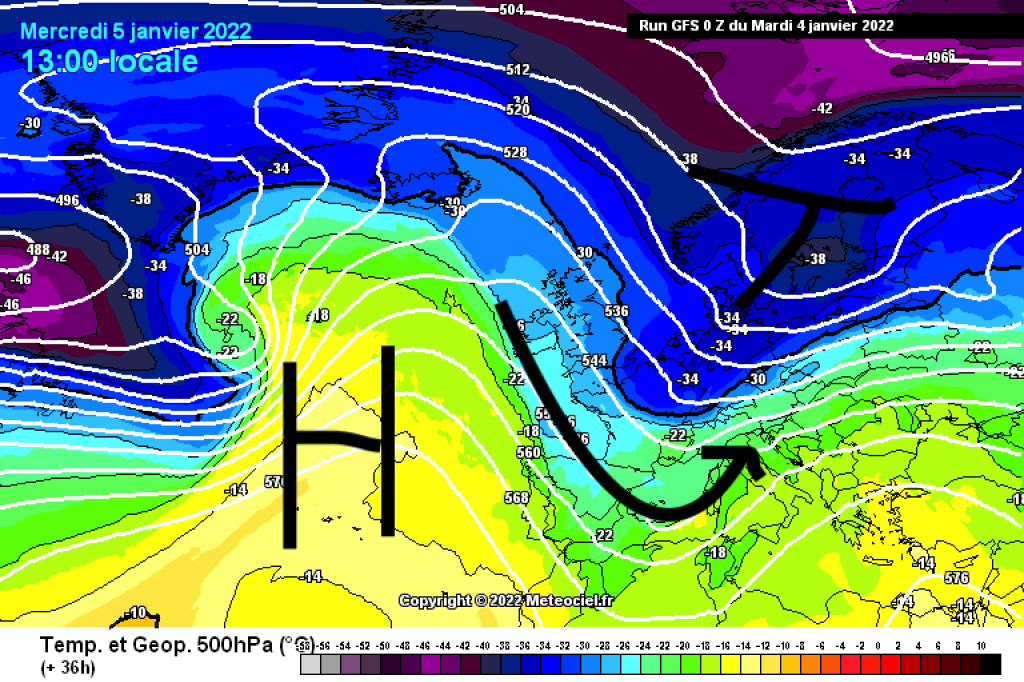 500hPa temperature and geopotential, Wednesday, 5.1.22. A trough is moving south and bringing snow to the southeast.