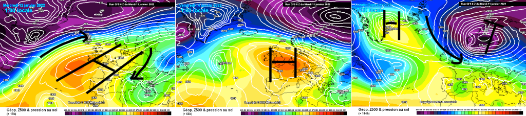 500hPa geopotential and ground pressure, GFS. l.t.r.: Wednesday, 12.1.22, Friday, 14.1., Monday, 17.1.
