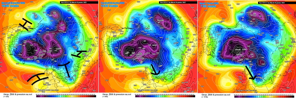 500hPa geopotential and ground pressure, GFS, northern hemisphere, from left to right: Wednesday, Friday, Tuesday. Large-scale pattern similar, northern component over ME intensifies, low pressure and cold moves slightly to the W.
