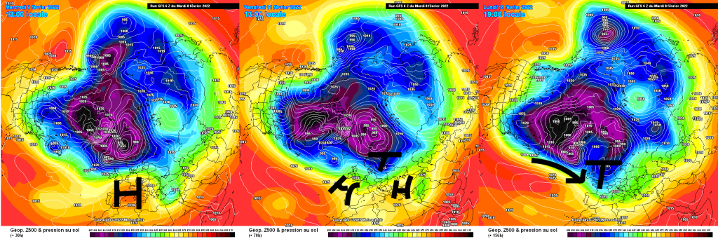 500hPa geopotential and ground pressure, GFS, for Wed., Fri. and Mon. partly stormy westerly flow, calming in between.